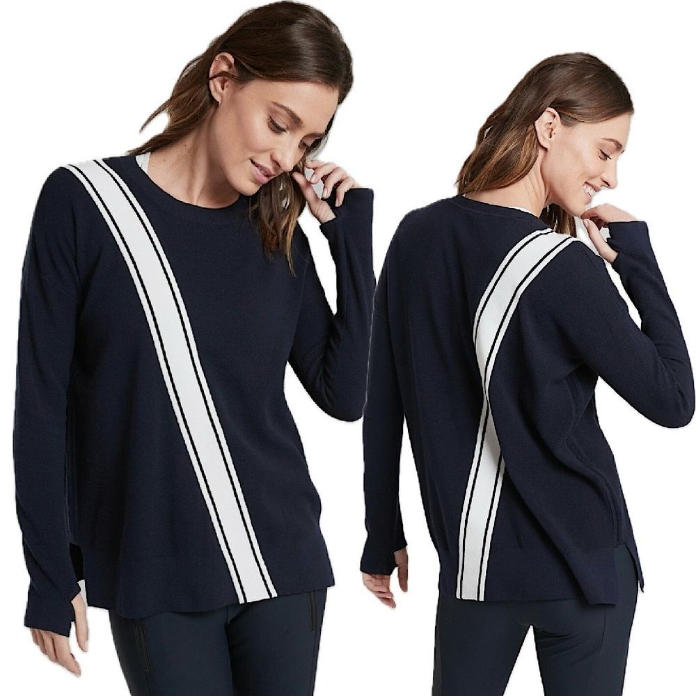 Athleta Navy Streetwise Diagonal Stripe Sweater with Thumbholes Size Medium